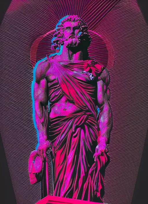 Prompt: black background!!!!!!!!!, with subtle red and purple design elements, statue of zeus, nekro, graphic design, collage art, thin lines, dark, glitch art, neo vaporwave, gritty, layout frame, square, trending on artstation