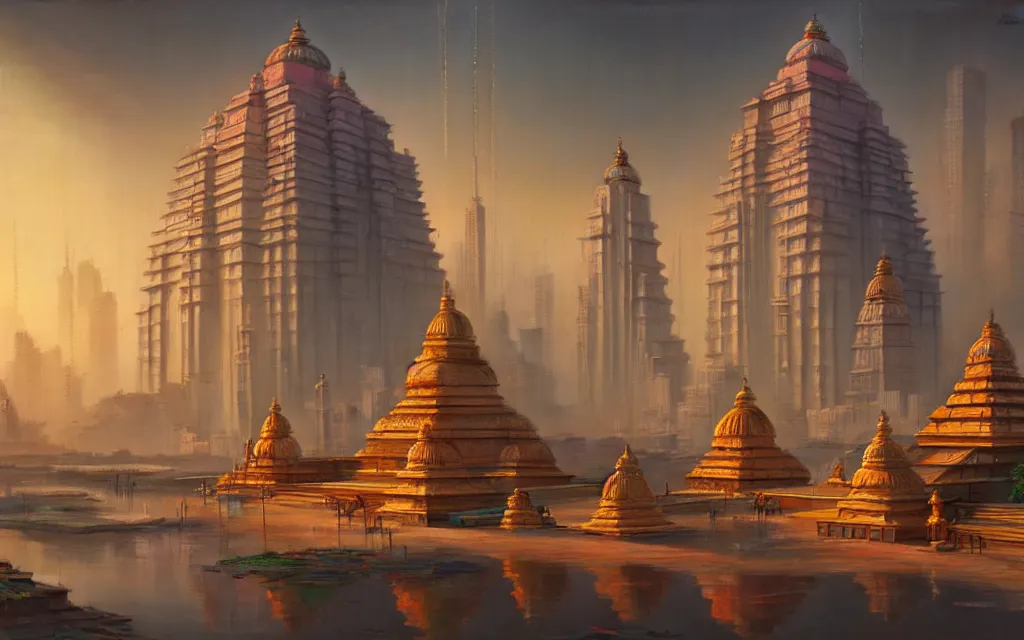 Image similar to cyberpunk indian temple, no people, city in background, drawn by feng zhu, sparse plants, dim painterly lighting volumetric aquatics, impasto