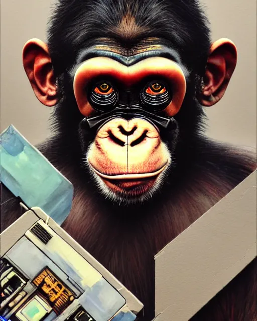 Prompt: a portrait of an anthropomorphic cyberpunk chimp by sandra chevrier, by jon foster, detailed render, tape deck, epic composition, cybernetics, 4 k realistic, cryengine, realistic shaded lighting, sharp focus, masterpiece, by enki bilal