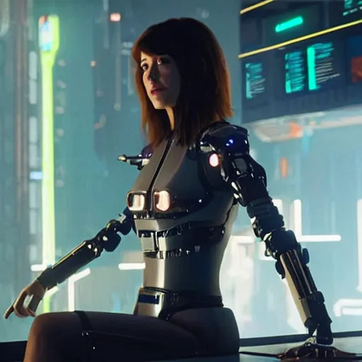 Image similar to film still of mary elizabeth winstead with cybernetic enchancments in cyberpunk 2 0 7 7 ( 2 0 2 4 )