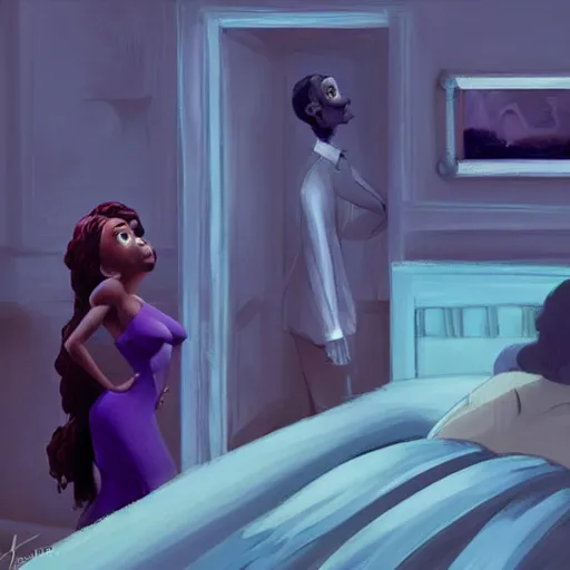 Image similar to stunning, coherent, beautiful painting, still of a creepy man following a beautiful black bbw woman into her bedroom , she is taking a selfie of the creepy man is following her, 3d, in the style of pixar, comic book style, 3d, highly detailed, highly detailed, sharp focus, bokeh, depth of field, 16k resolution, Unreal Engine 5, coherent, cinematic lighting, photorealistic, by Zhang Jingna