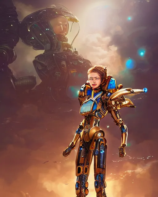 Image similar to holy cyborg girl with golden armor, elegant, scifi, jetpack, alien world, futuristic, utopia, garden, colorful, lee ji - eun, illustration, atmosphere, top lighting, blue eyes, focused, artstation, highly detailed, art by yuhong ding and chengwei pan and serafleur and ina wong