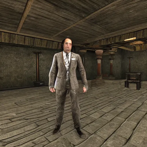 Image similar to saul goodman visits cyrodiil, oblivion, highly detailed, realistic, elder scrolls, adventuring gear, business suit