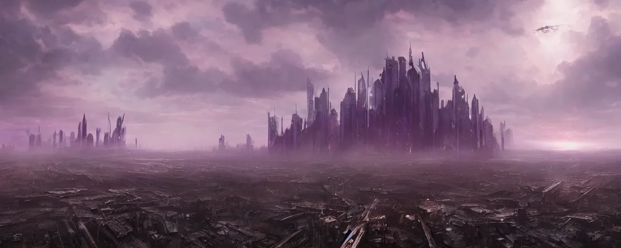 Image similar to Giant megacity looming across the landscape, dystopian, post apocalyptic, the sky is purple, very detailed concept art, matte painting, digital art, concept art, realistic beautiful, trending on Artstation, Greg Rutkowski