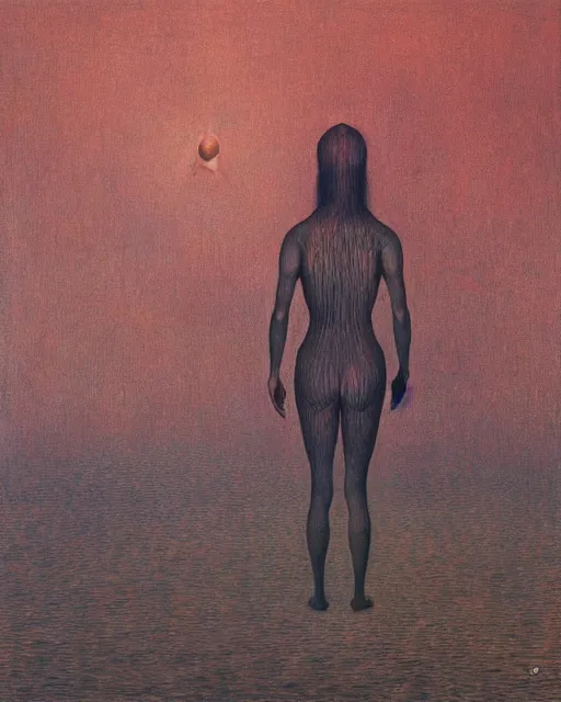 Prompt: man woman into one change and praying by beksinski, carrington, bosch, dali, barlowe, magritte