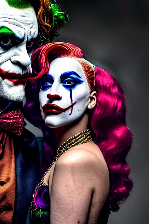 Image similar to joaquin phoenix joker with harley queen lady gaga, photorealistic, smooth, 4 k, aesthetic lighting, baroque object, sharp focus, hyperdetailed, professional photography, pullitzer winning, 8 0 0 photo by : canon eos 5 d mark iv, by karah mew and adnan abidi and jodie bateman