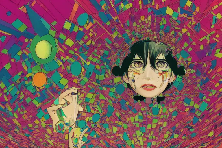 Prompt: gigantic faces that shoot pink lasers from the eyes, a lot of glass around, birds are all over the ground, acid and dreaming psychedelic hallucinations, satoshi kon, colorful bright flat surreal design, super - detailed, a lot of tiny details, fullshot