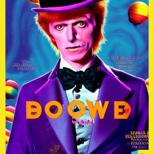 Image similar to awe inspiring David Bowie as Willy Wonka movie poster 4K amazing lighting