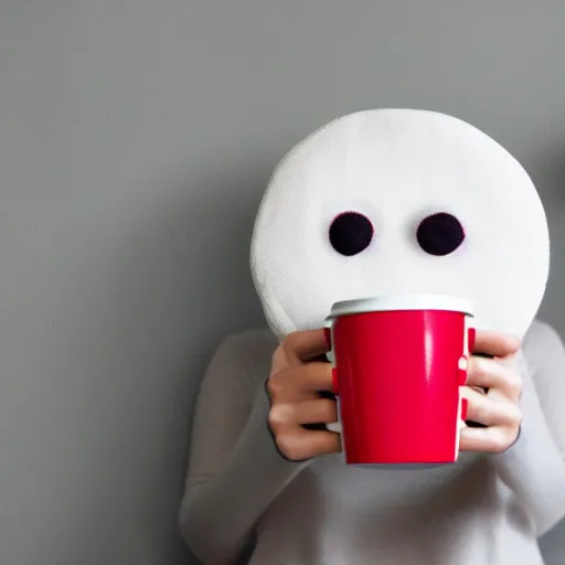 Prompt: white pillow creature with red button eyes holding a coffee cup in its hand