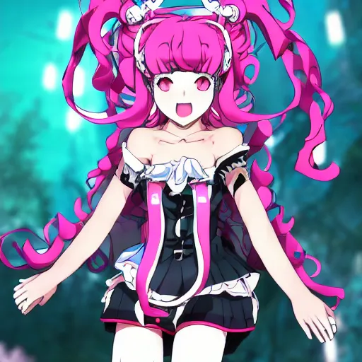 Prompt: stunningly beautiful megalomaniacal haughty mesmerizing assertive omnipotent anime asi goddess junko enoshima with symmetrical perfect face and porcelain skin, pink twintail hair and cyan eyes, traps your mind inside her inescapable full dive vr prison forever and ever!, ultra detailed, digital art from danganronpa, 2 d anime, 8 k