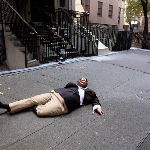 Image similar to A smiling chubby white clean-shaven man dressed in a chocolate brown suit and necktie and black shoes is laying on the ground in New York city.