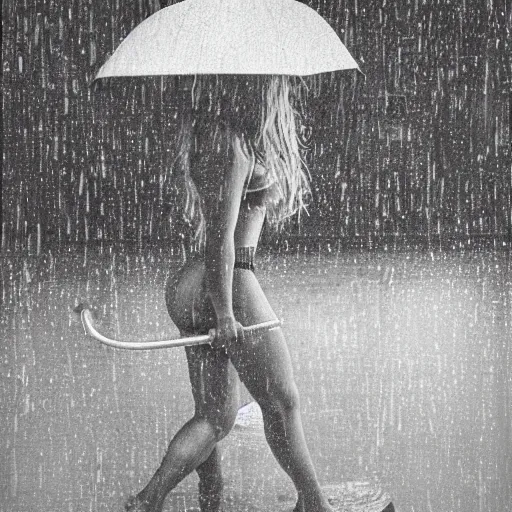 Prompt: studio photo of hot cheerleader in rain, by Leibowitz, detailed, photorealistic