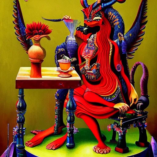 Image similar to a painting of a demon sitting on top of a chair, a detailed painting by ram chandra shukla, pixiv contest winner, bengal school of art, detailed painting, maximalist, art on instagram