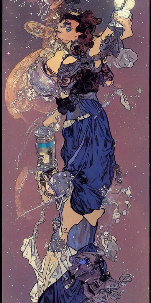 Image similar to a woman wearing outer space as a dress, pouring water from a vase into the milky way, by travis charest, by alphonse mucha, battle chasers.