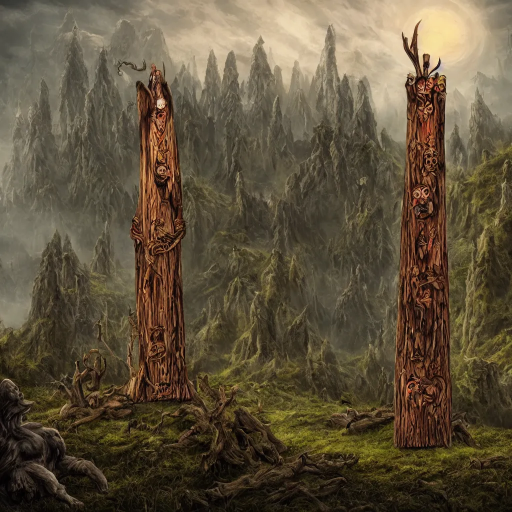 Prompt: evil druid ritual, wooden totem of vampire, on a hill, a detailed matte painting, fantasy