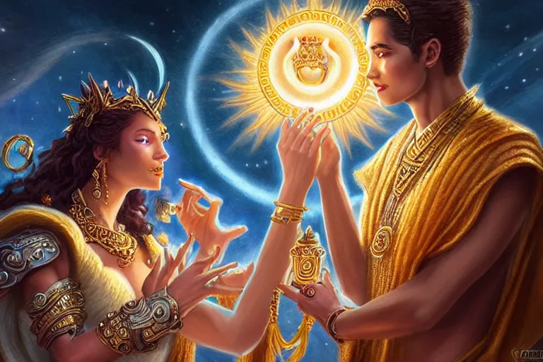 Image similar to close up moment of a divine a sun god and a moon goddess lovers magician at a wedding banquet, highly detailed, d & d, fantasy, highly detailed, digital painting, trending on artstation, concept art, sharp focus, illustration, art by artgerm and greg rutkowski and magali villeneuve