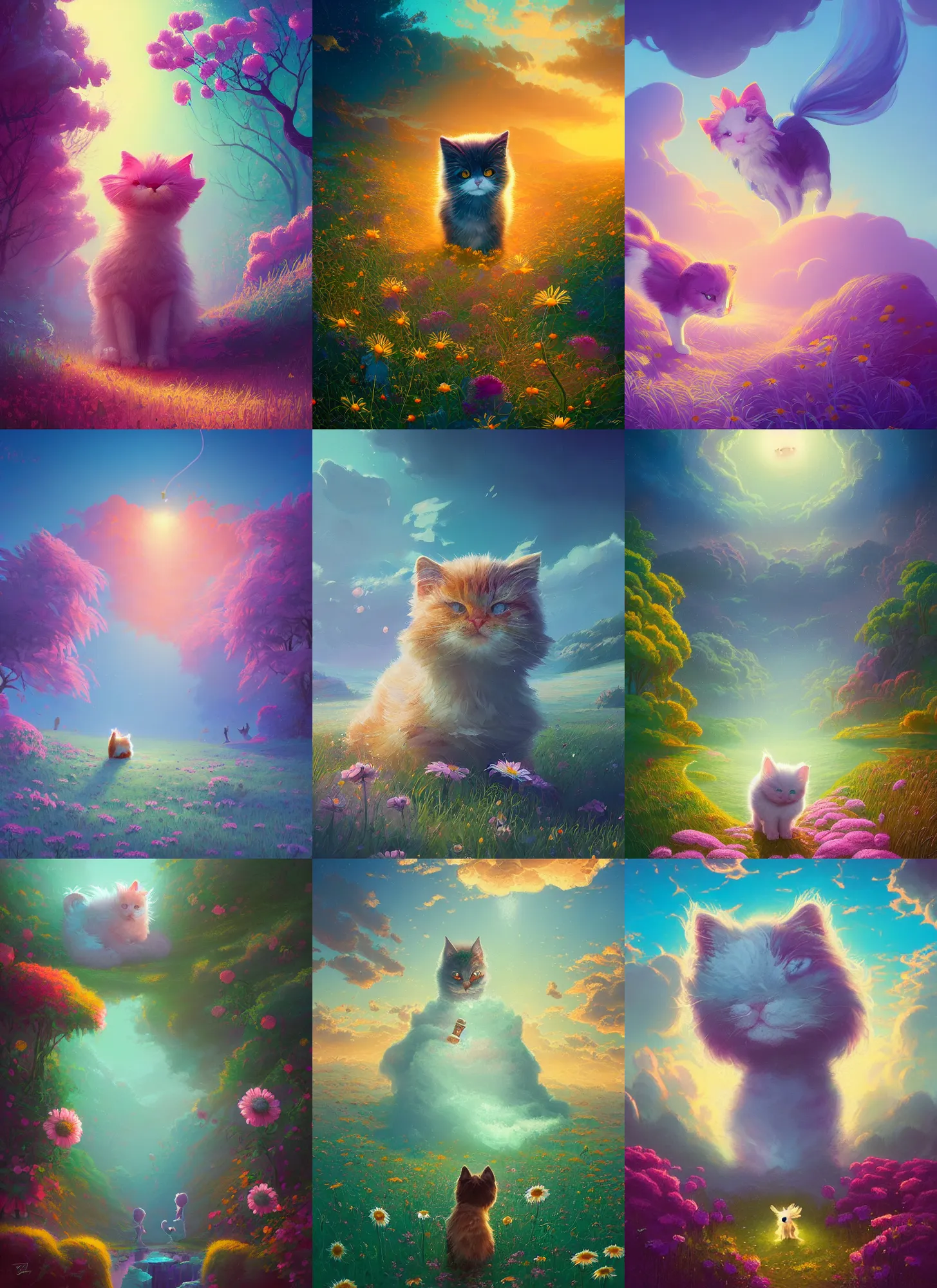 Prompt: the daisy kitty waits, cotton candy, Alena Aenami, Petros Afshar, Noah Bradley, Anton Fadeev, Anato Finnstark, Steve Henderson, Filip Hodas, Mark Keathley, Thomas Kinkade, Phil Koch, Gilbert Williams, Mike Winkelmann, Beeple
