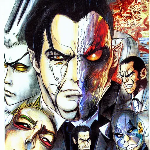 Prompt: Face/off illustrated by Yoshitaka Amano