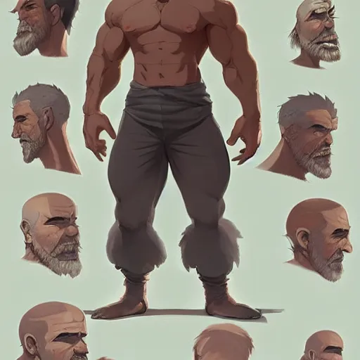 Image similar to character sheet of gigachad, muscular, handsome, chiseled, by greg rutkowski and studio ghibli, digital art, trending on artstation, highly detailed, concept art, beautiful, masterpiece