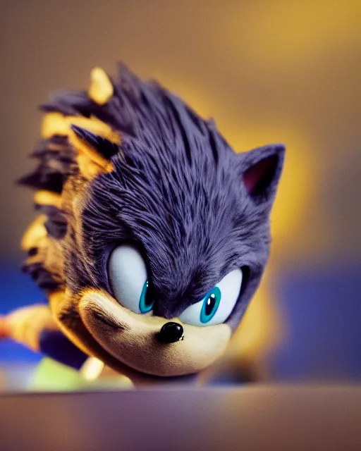 Prompt: An extremely beautiful studio photo of Sonic the Hedgehog, bokeh, 90mm, f/1.4