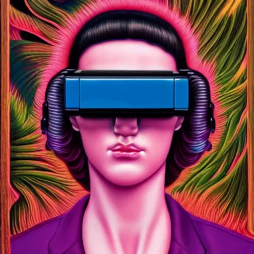 Image similar to alex gross, award winning masterpiece with incredible details, a surreal vaporwave vaporwave vaporwave vaporwave vaporwave painting of an old pink mannequin head wearing vr goggles with cables and wires coming out of it's neck, highly detailed