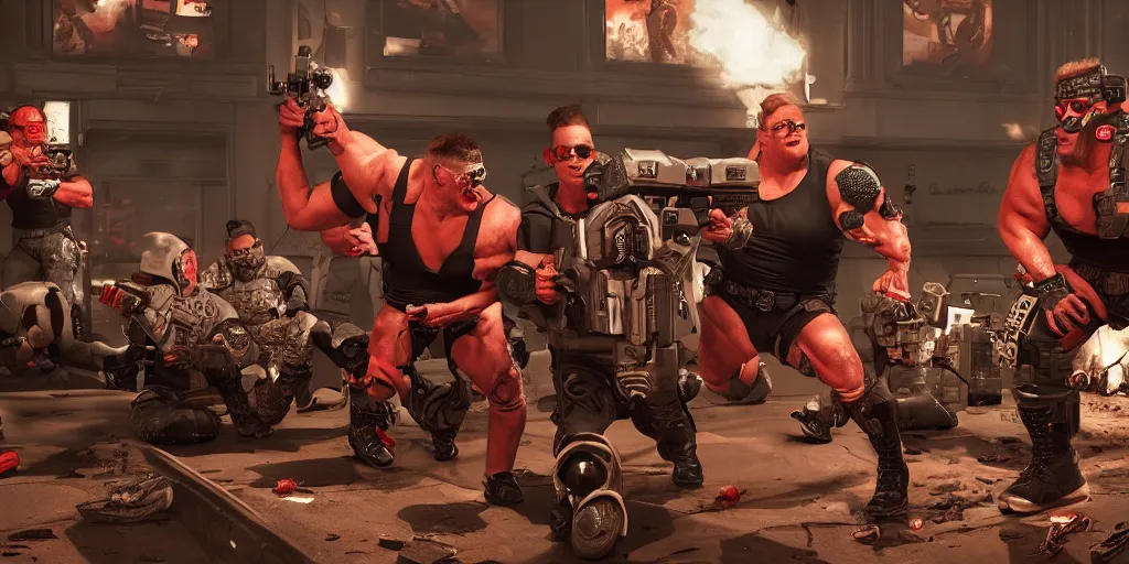 Image similar to duke nukem family sitcom comedy, realistic 4 k octane beautifully detailed render, 4 k post - processing, highly detailed, intricate complexity, epic composition, magical atmosphere, cinematic lighting, masterpiece, ultra hd