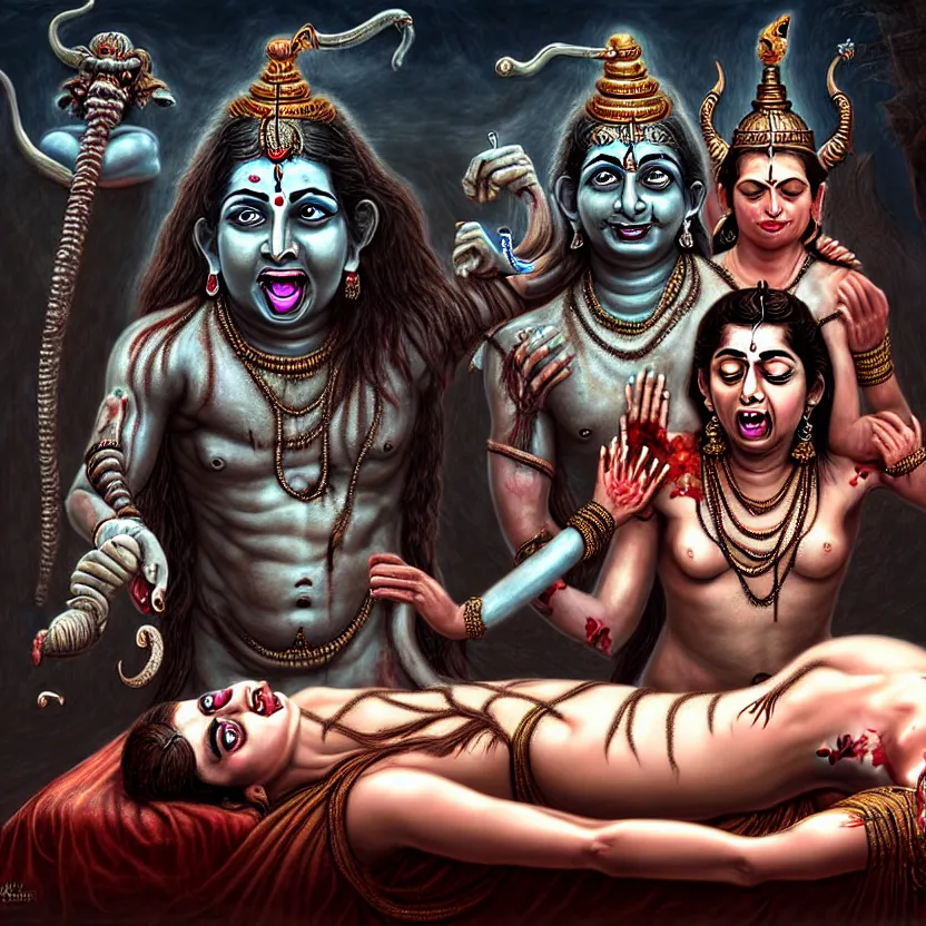 Prompt: kali with her tongue sticking out standing over the corpse of shiva, digital art, hyperrealistic nightmare scene, supernatural, highly detailed, creepy, terrifying