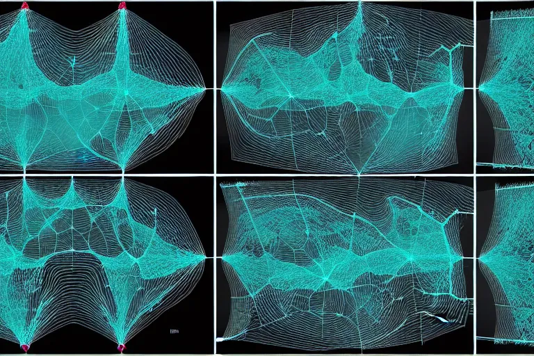 Image similar to map of a complex cave system made out of multiple overlays of complex scientific data visualized on top of each other, bar charts, plexus, thick and thin lines, waveforms on top of square charts, topographic scan, space molecules, radio signals, negative space