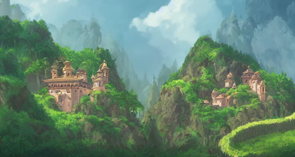 Image similar to view of a monastery on a forested mountain, in the style of studio ghibli, distant, detailed, artstation, award winning painting,