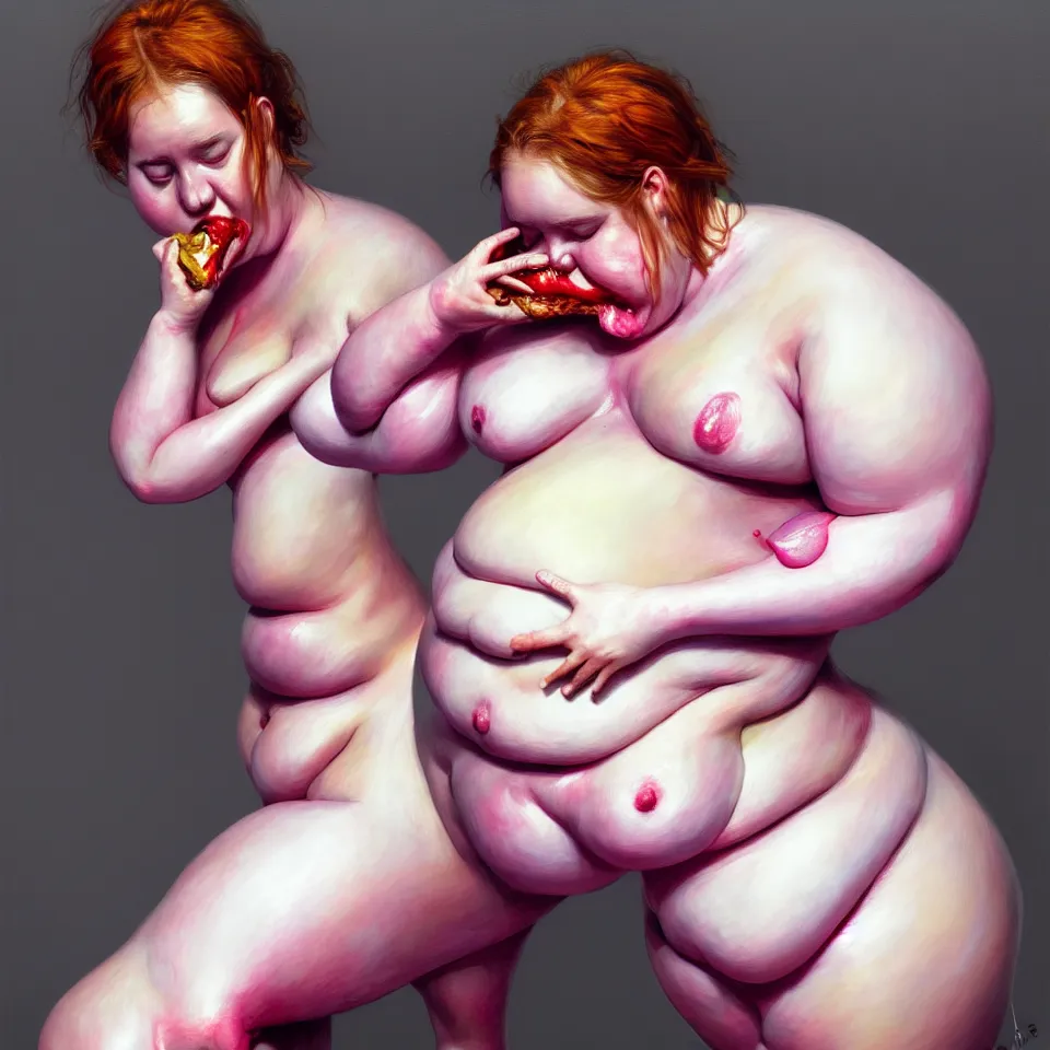 Image similar to bright realistic obese anorexic eating herself to death, fat and skinny, diffuse lighting, fantasy, intricate, elegant, highly detailed, lifelike, photorealistic, digital painting, artstation, illustration, concept art, smooth, sharp focus, art by francis bacon