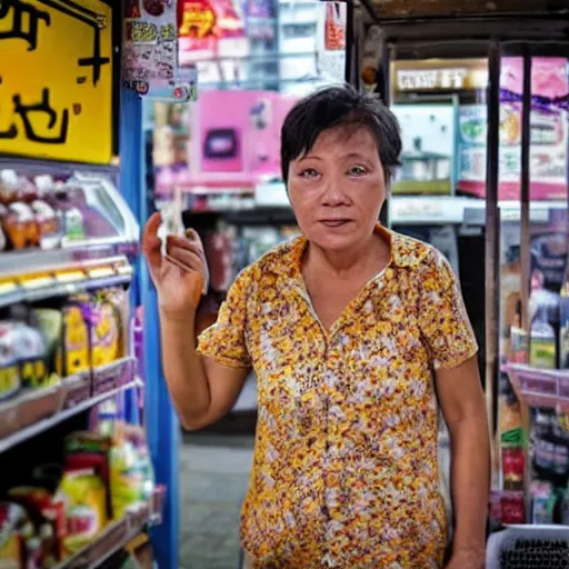 Image similar to a middle - aged woman working at an old convenience store in singapore, award - winning photography