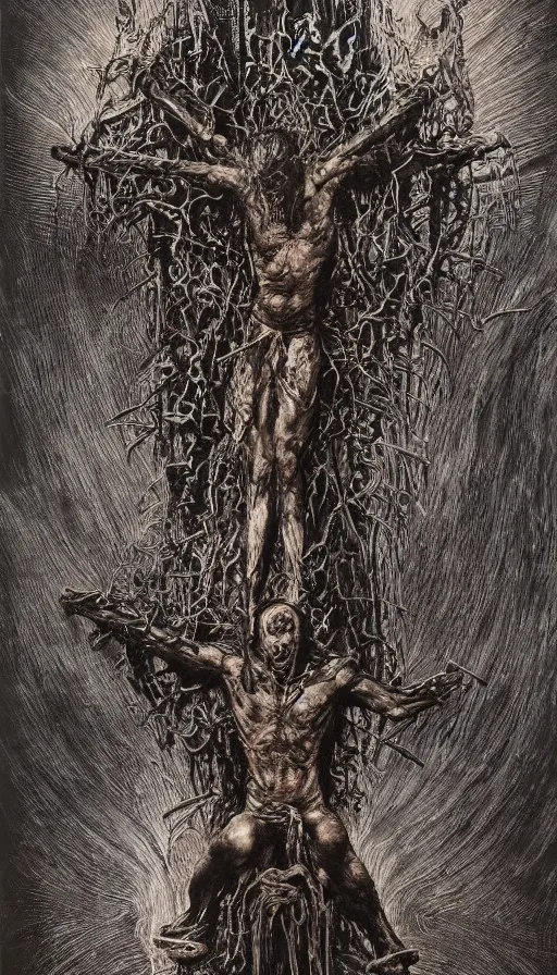 Prompt: Scorn themed painting of unholy darkness crucifixion concept, intricate artwork by H.R. Giger, Johnatan Wayshak, Zdizslaw Beksinski, Ayami Kojima, Amano, Karol Bak, Moebius, and Mark Brooks, Neo-Gothic, gothic, rich deep colors, art by Takato Yamamoto, masterpiece, face by Artgerm, very coherent artwork, cinematic, hyper realism, high detail, octane render, unreal engine, 8k, High contrast, golden ratio, trending on cgsociety