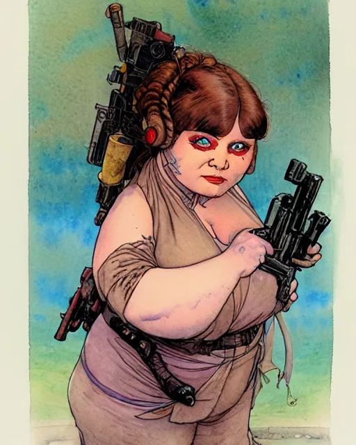 Image similar to a realistic and atmospheric watercolour fantasy character concept art portrait of a fat, chibi princess leia with pink eyes wearing a wife beater and holding a gun. by rebecca guay, michael kaluta, charles vess and jean moebius giraud