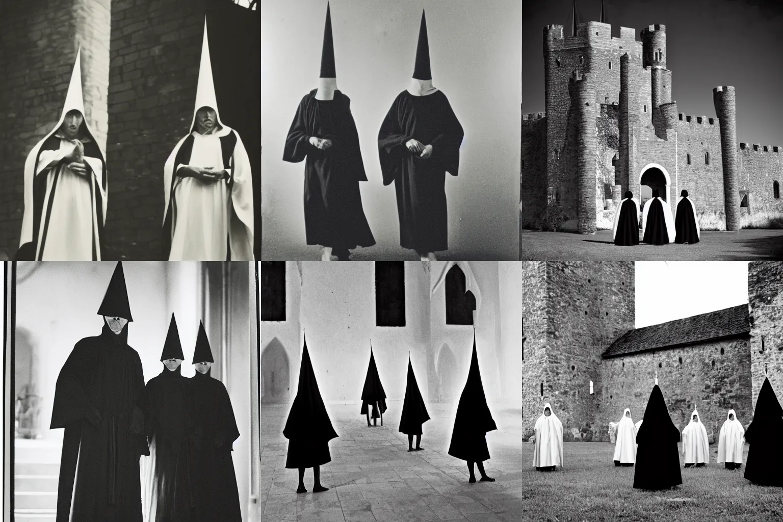 Prompt: black and white photograph of robed figures with tall pointed hats inside a castle, creepy