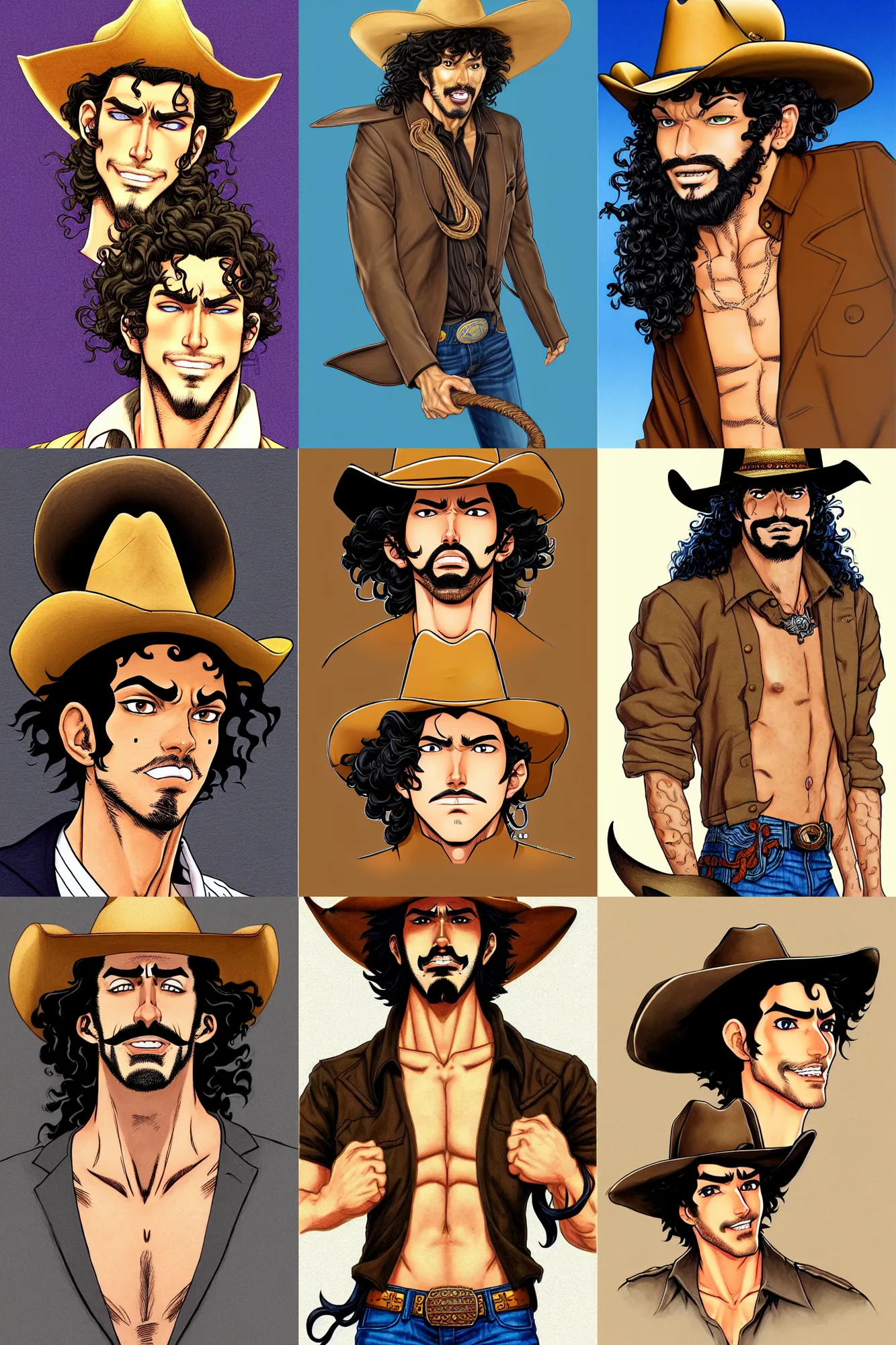 Prompt: illustration of a handsome!! man with long black curly hair, tan skin, anchor goatee | wearing a cowboy hat | art by hirohiko araki & jean giraud & artgerm & jack kirby | artstation, character design, concept art