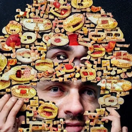 Image similar to a man's face made out of pieces of food