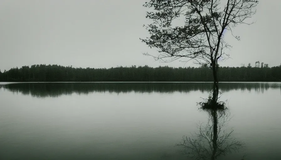 Image similar to photograph of an infinitely long rope floating on the surface of the water, the rope is snaking from the foreground towards the center of the lake, a dark lake on a cloudy day, trees in the background, moody scene, anamorphic lens, kodak color film stock