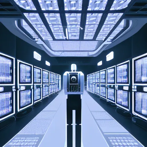 Image similar to hyperrealism colour detailed photography scene by stanley kubrick of highly detailed stylish system administratorfrom the far future as robot style by gragory crewdson and katsuhiro otomo, mike winkelmann with many details by josan gonzalez working at the detailed data center by laurie greasley hyperrealism stock photo on dsmc 3 system volumetric led light