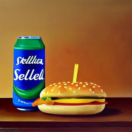 Image similar to realistic painting of a still life with can of stella and happy meal