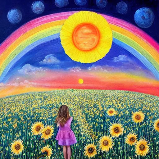Prompt: breathtaking detailed painting of the earth's moon, with a four year old girl with long dirty blond hair, standing in a sunflower meadow with her back facing us, wearing a rainbow colored dress, on a clear night sky, attention to detail, award winning, oil canvas