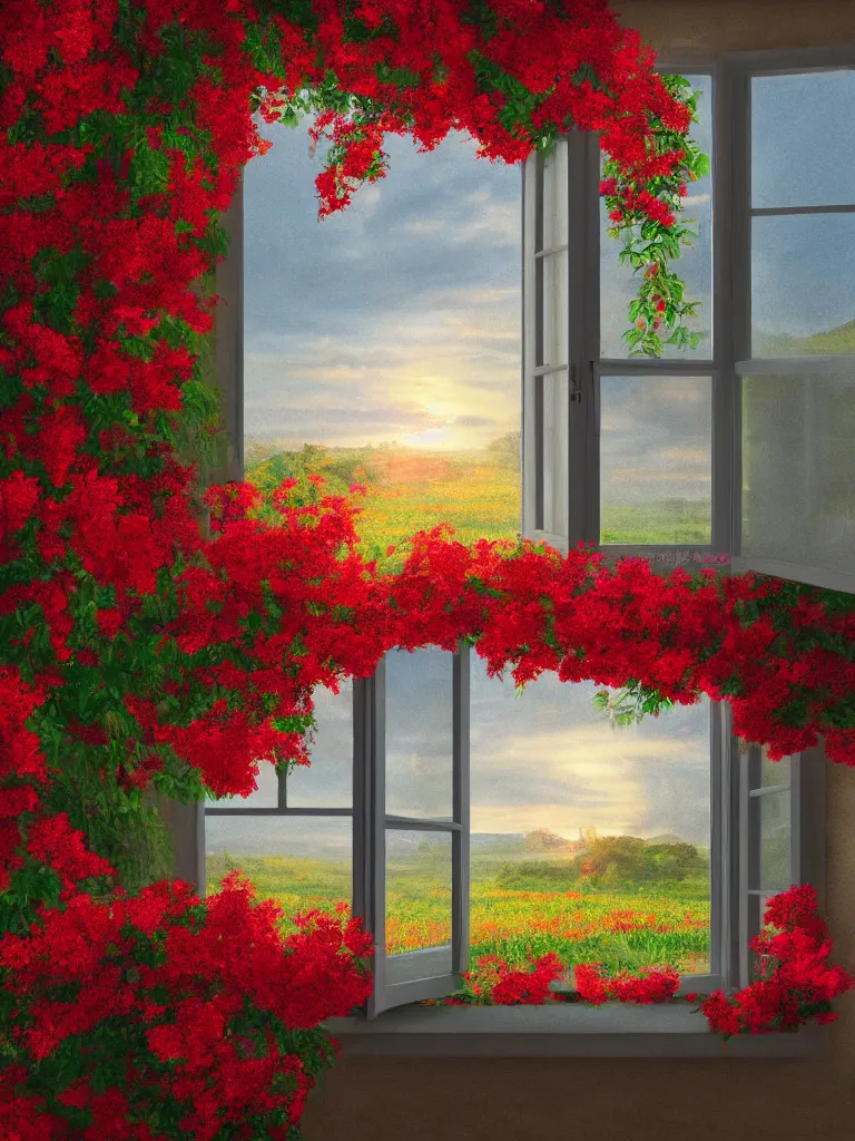 Image similar to a interior photo of a vintage house single window with view to the sunrise near some red flowers, hyperrealistic, digital painting, masterpiece, high quality, highly detailed, high coherence, path traced, serene landscape, beautiful, elegant, bloom, godrays, complementary colors, natural lighting, symmetrical, low contrast, geometrically correct