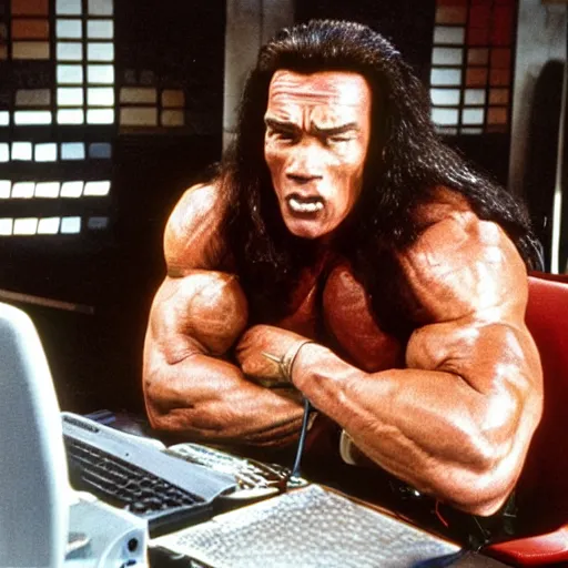 Prompt: arnold schwarzenegger as conan the barbarian, in an office, inside an office building, sitting at a desk, angrily shouting at a laptop computer, laptop trouble, technical difficulties, software error, crisp lighting, studio lighting
