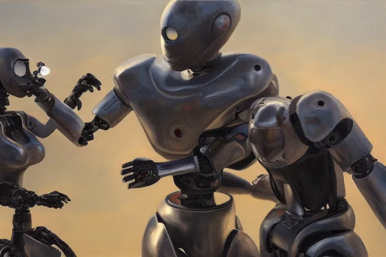 Prompt: oil painting of a human fighting a robot artist, highly detailed, 4k, trending on artstation, realistic human!!!!