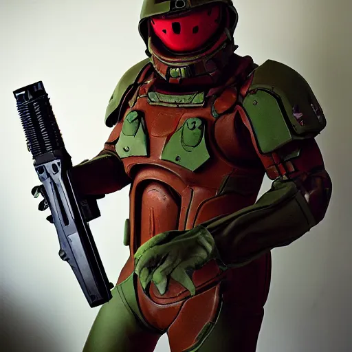 Image similar to doomguy from doom 2 cosplay, photography