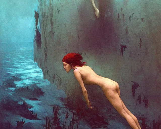 Image similar to the last sight before death by drowning, underwater scene, painted by zdzislaw beksinski and artgerm and greg rutkowski and alphonse mucha and rene laloux