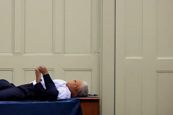 Image similar to a far away shot of Joe Biden sleeping on a bed in a court room