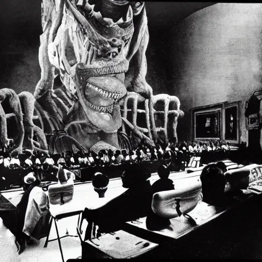 Prompt: lecturer giving a lecture to a hall filled with fantastic monsters, by dali