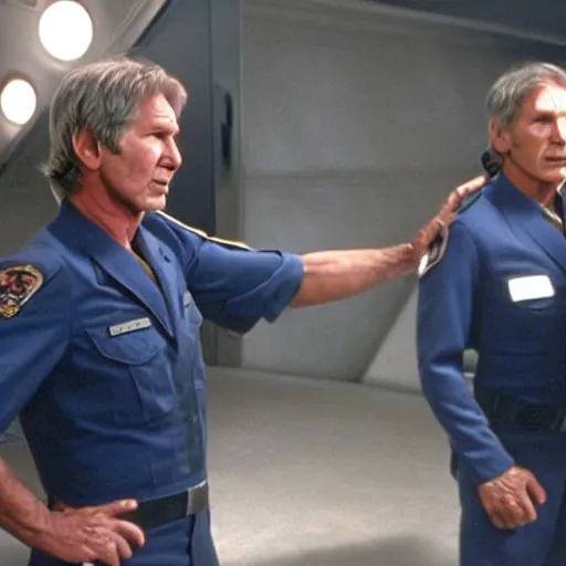 Prompt: A still of Harrison Ford in the new Battlestar Galactica (2003), wearing a very dark blue uniform, pointing angrily at Saul Tigh