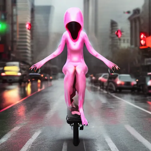 Image similar to hyper realistic, photo, humanoid pink female Squid girl, popping wheelie on motorcycle fast in the rainy city traffic