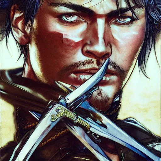 Image similar to portrait of a hero holding his sword in front of his face by yoji shinkawa, high quality, extra details, realism, ornate, colored, golden chain, blood, white skin, short hair, brown eyes, vivid, sunlight, dynamic, american man, freedom, spray paint